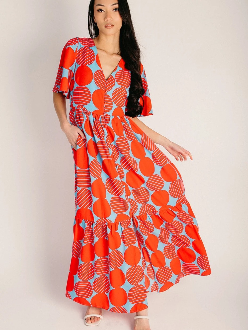 The Pismo Flutter Maxi Dress in Blue + Red - Sugarlips